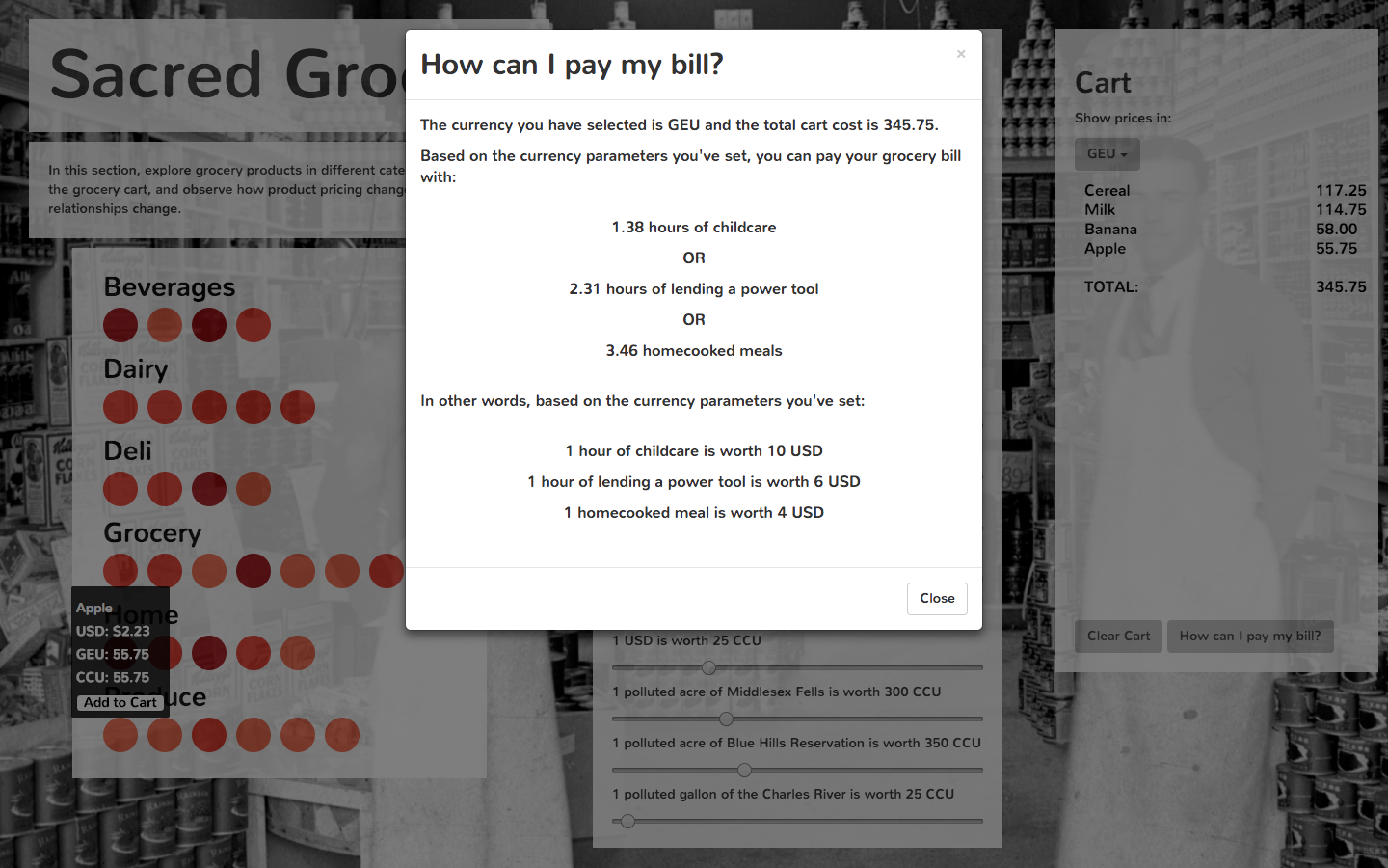 Hypothetical grocery with exploratory currencies